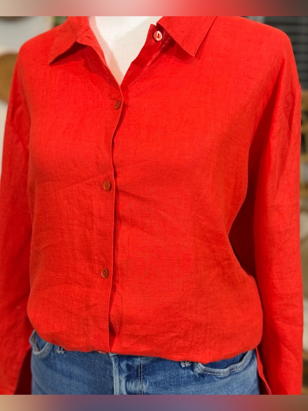 Eileen Fisher Burnt Orange Irish Linen Button Down Shirt Relaxed Fall M - Picture 2 of 10